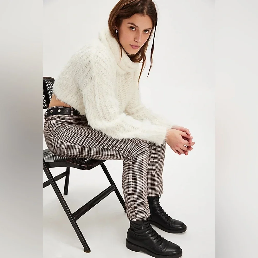 Free People Women’s Molly Slim Plaid Houndstooth Pants Brown/White Size 6